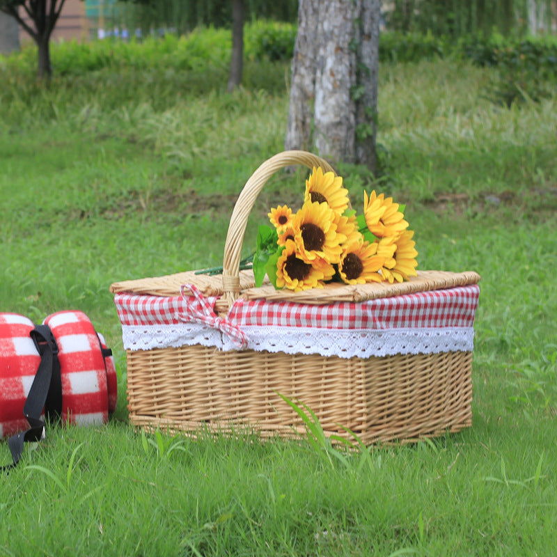 Wicker Outdoor Picnic Basket with Double Lid and Handle Storage