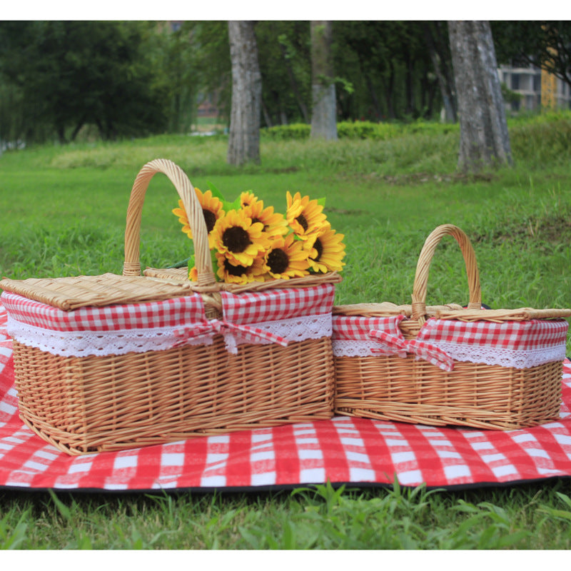 Wicker Outdoor Picnic Basket with Double Lid and Handle Storage