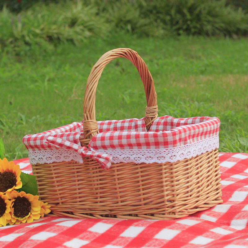 Wicker Outdoor Picnic Basket with Double Lid and Handle Storage
