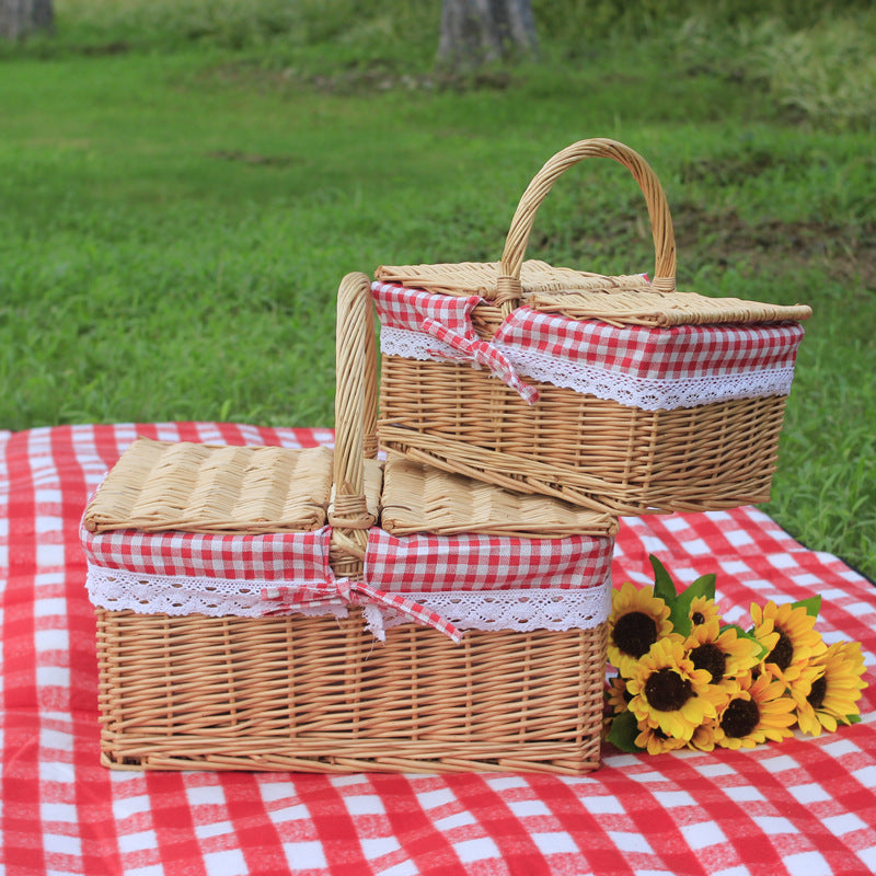 Wicker Outdoor Picnic Basket with Double Lid and Handle Storage