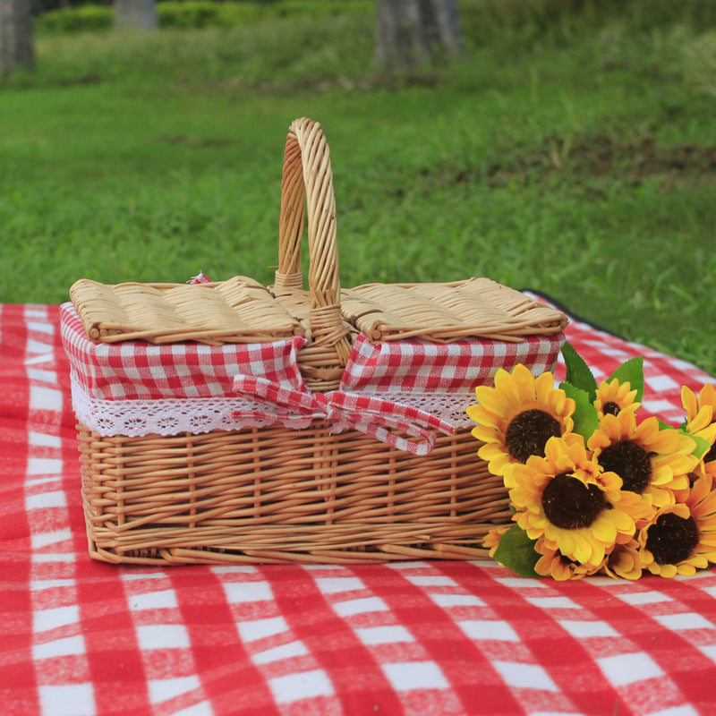 Wicker Outdoor Picnic Basket with Double Lid and Handle Storage