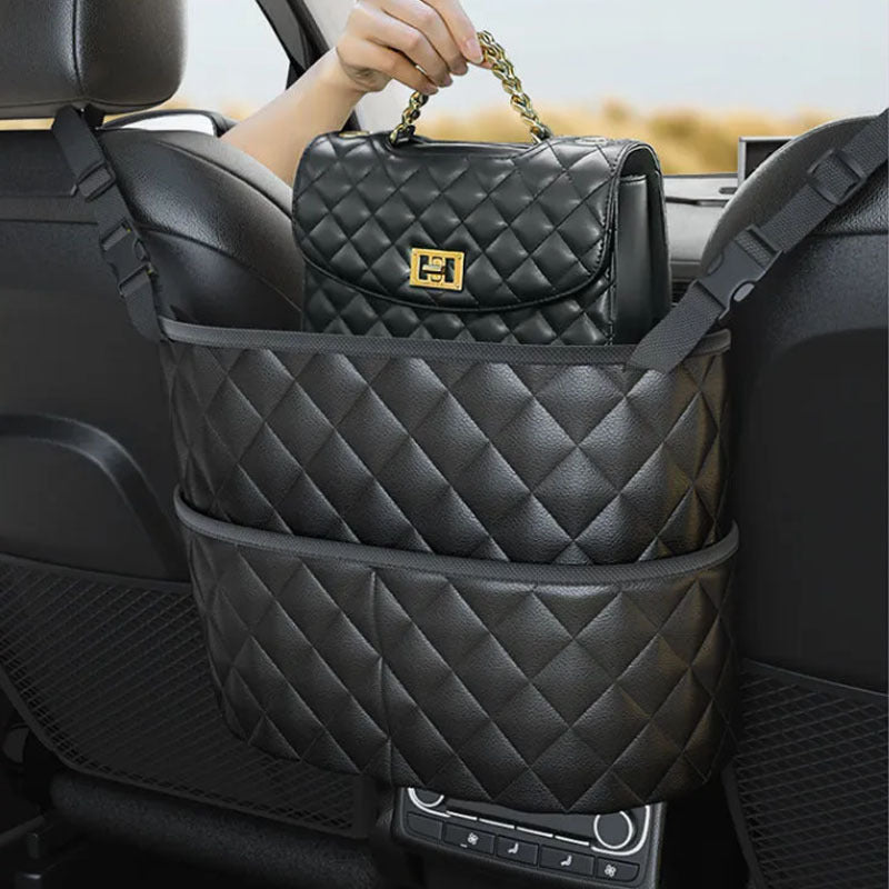 Car Net Pocket Handbag Holder, Seat Organizer PU Leather Pocket, Large Capacity Storage Bag For Purse Purse Holder For Car Between Seats, Car Back Leather Back Organizer Mesh Large Capacity Bag
