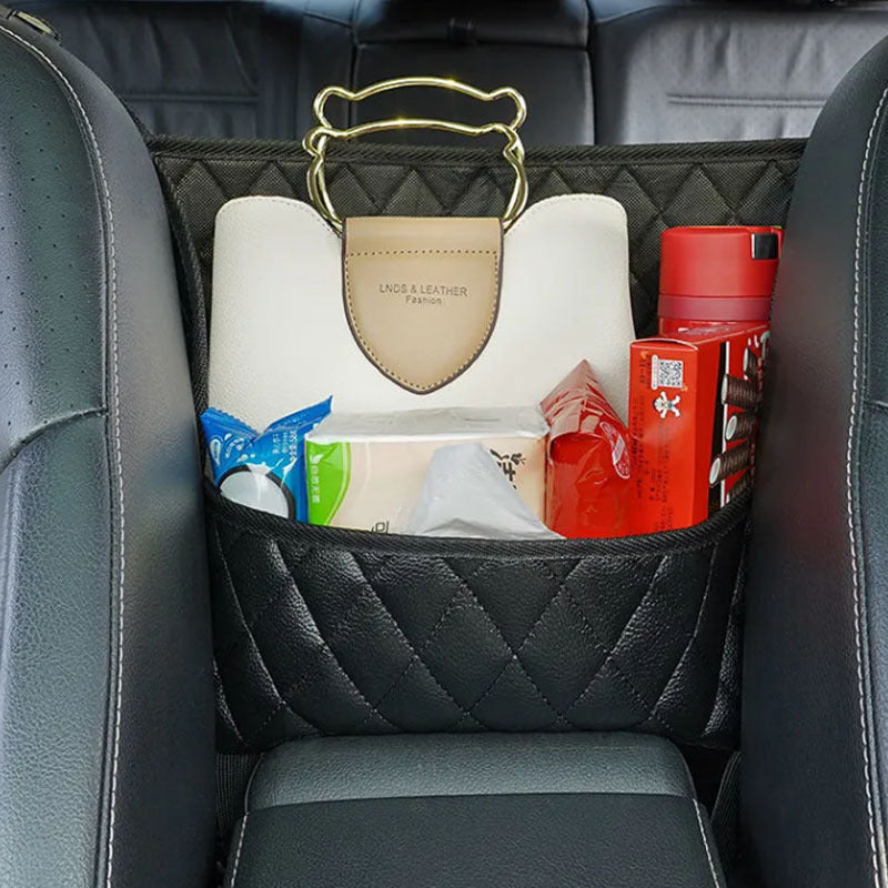Car Net Pocket Handbag Holder, Seat Organizer PU Leather Pocket, Large Capacity Storage Bag For Purse Purse Holder For Car Between Seats, Car Back Leather Back Organizer Mesh Large Capacity Bag