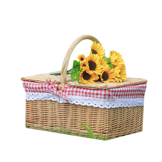 Wicker Outdoor Picnic Basket with Double Lid and Handle Storage