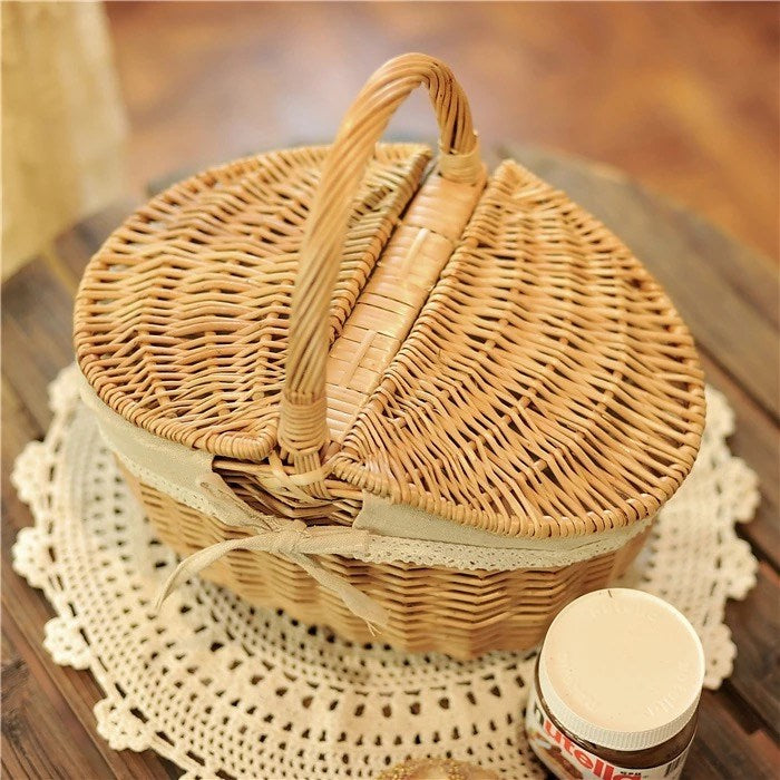 Wicker Double Lid Picnic Basket Storage with Handle Sturdy Outdoors