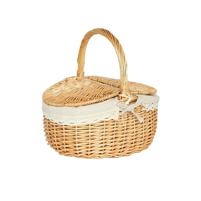 Wicker Double Lid Picnic Basket Storage with Handle Sturdy Outdoors