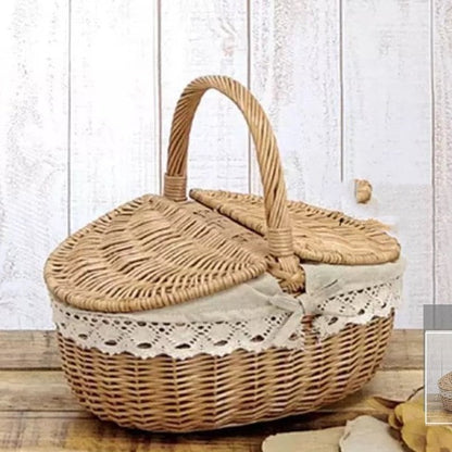 Wicker Double Lid Picnic Basket Storage with Handle Sturdy Outdoors